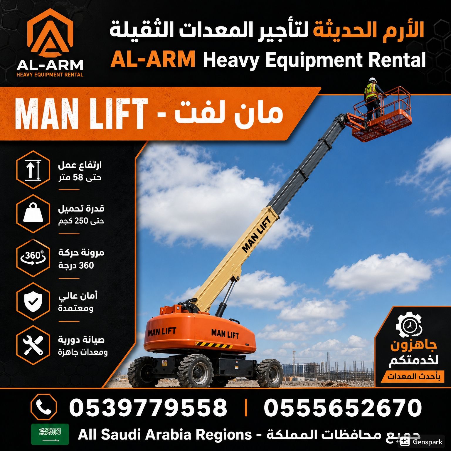 ايجار مان لفتmanlift سيزرلفتscissorlift الدمام 055