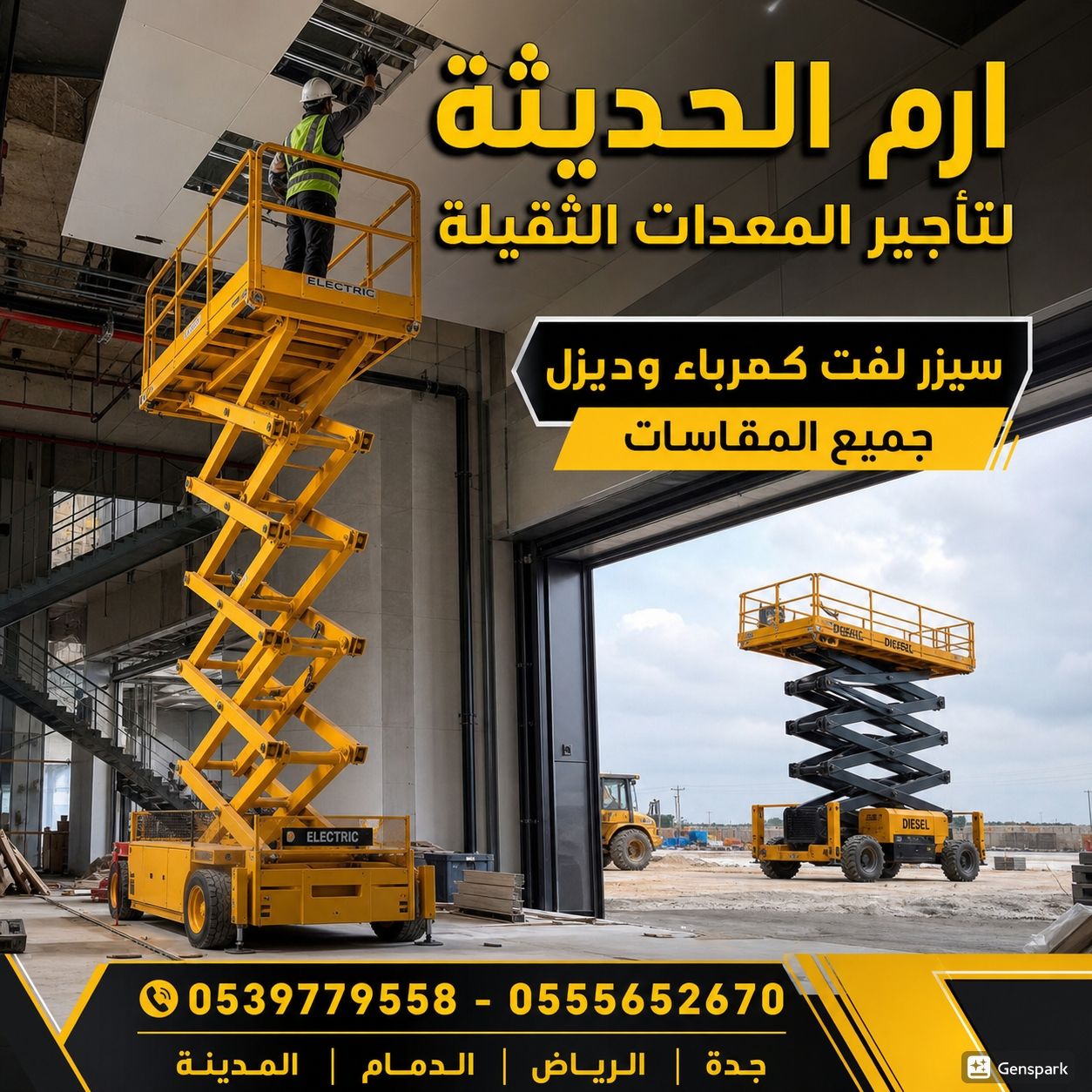 ايجار جميع معدات البناءوالرفع (سيزرلفت وكرينات وما